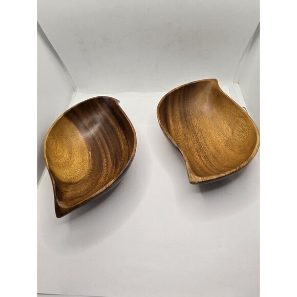 Vintage Monkey Pod Hardwood Hawaii Hand Carved Bowl Leaf 1950s Pair - Picture 4 of 10